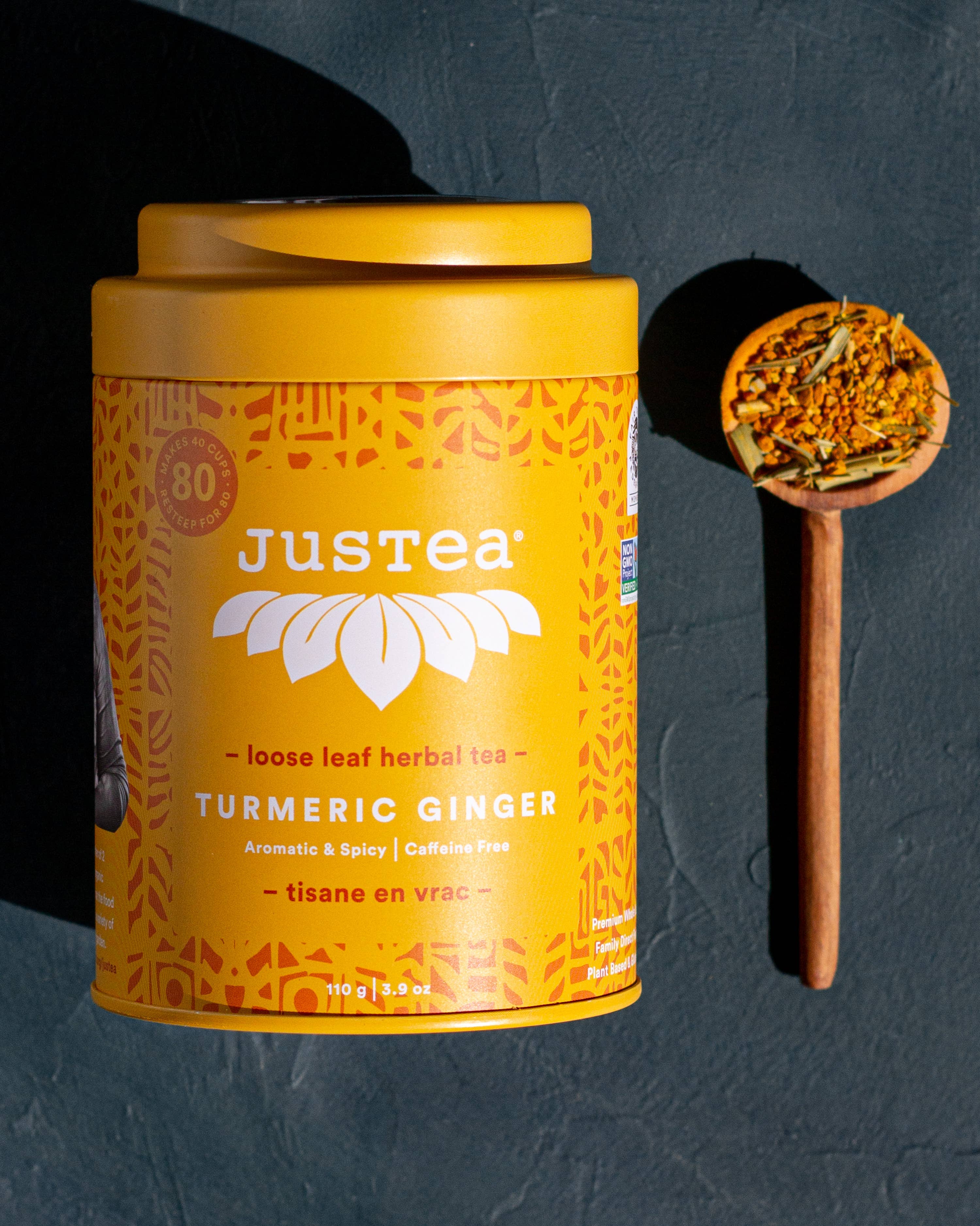 JusTea - Turmeric Ginger Tin & Spoon - Organic, Fair-Trade Herbal Tea