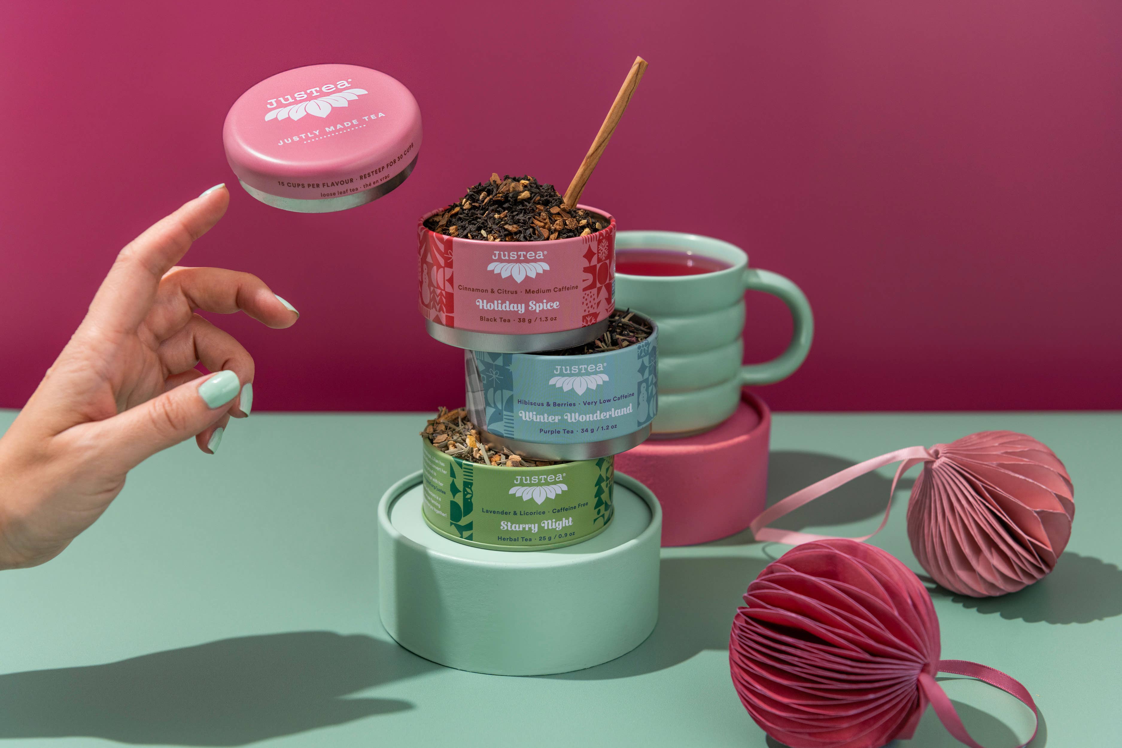 JusTea - Holiday Trio Tin & Spoon - Organic Black, Purple, Herbal Tea