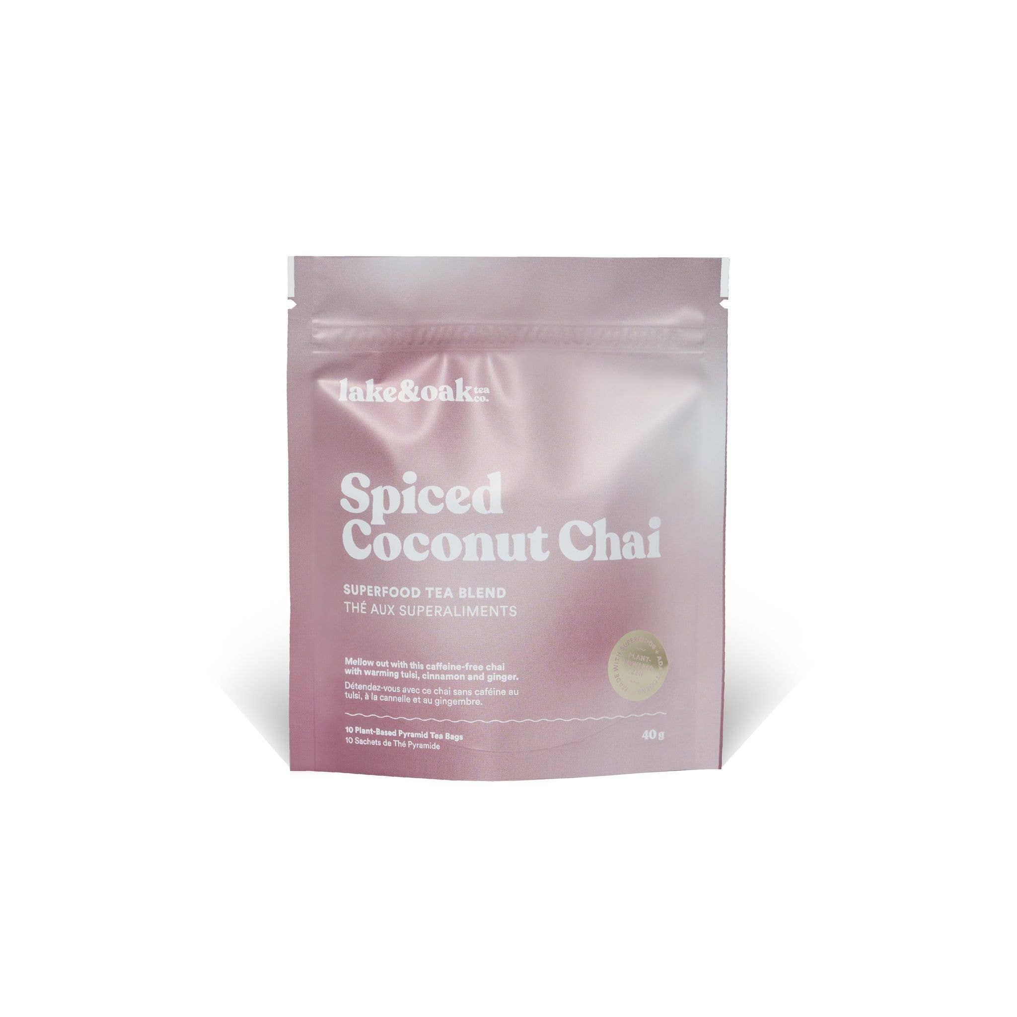 Lake & Oak Tea Co. - Spiced Coconut Chai - Superfood Tea Blend: Plant-Based Pyramid Tea Bags - Retail Pouch