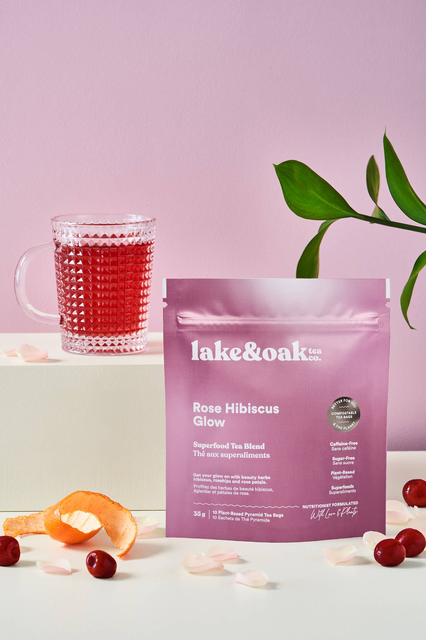 Lake & Oak Tea Co. - Rose Hibiscus Glow - Superfood Tea: Plant-Based Tea Bags - Retail Pouch