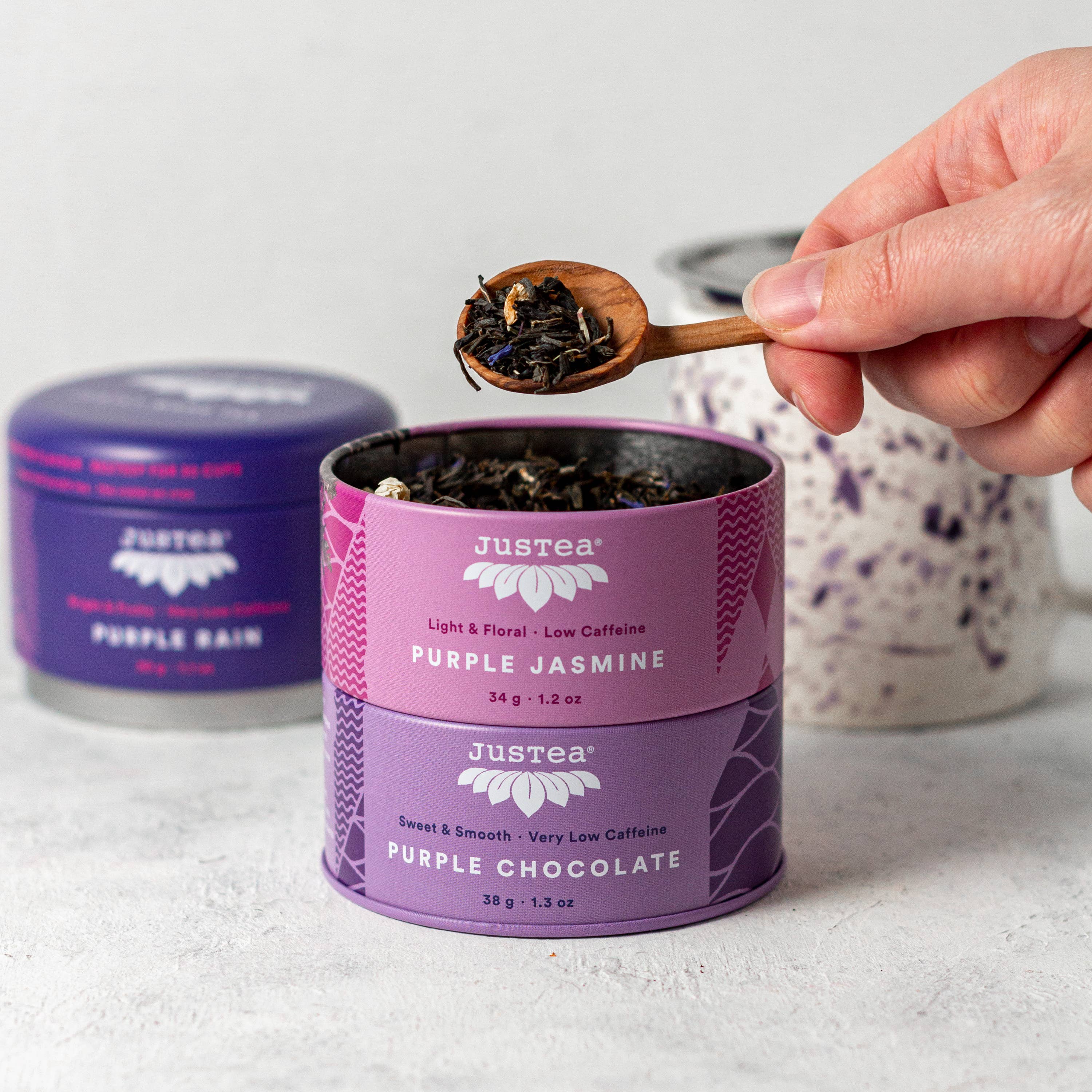 JusTea - Purple Tea Trio Tin & Spoon - Organic, Fair-Trade Tea Gift