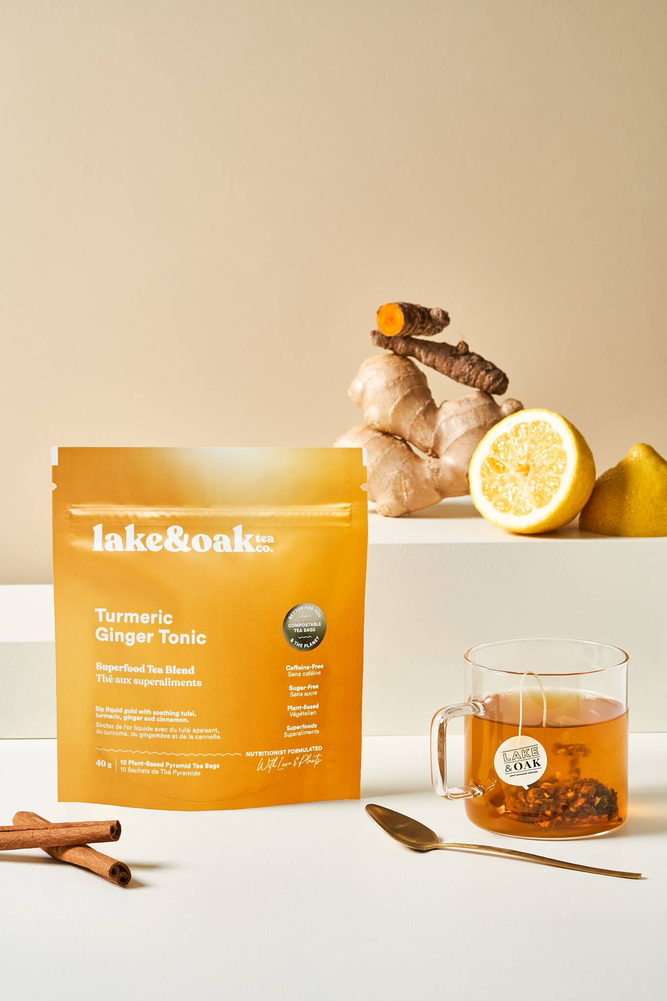 Lake & Oak Tea Co. - Turmeric Ginger Tonic - Superfood Tea: Plant-Based Pyramid Tea Bags - Retail Pouch