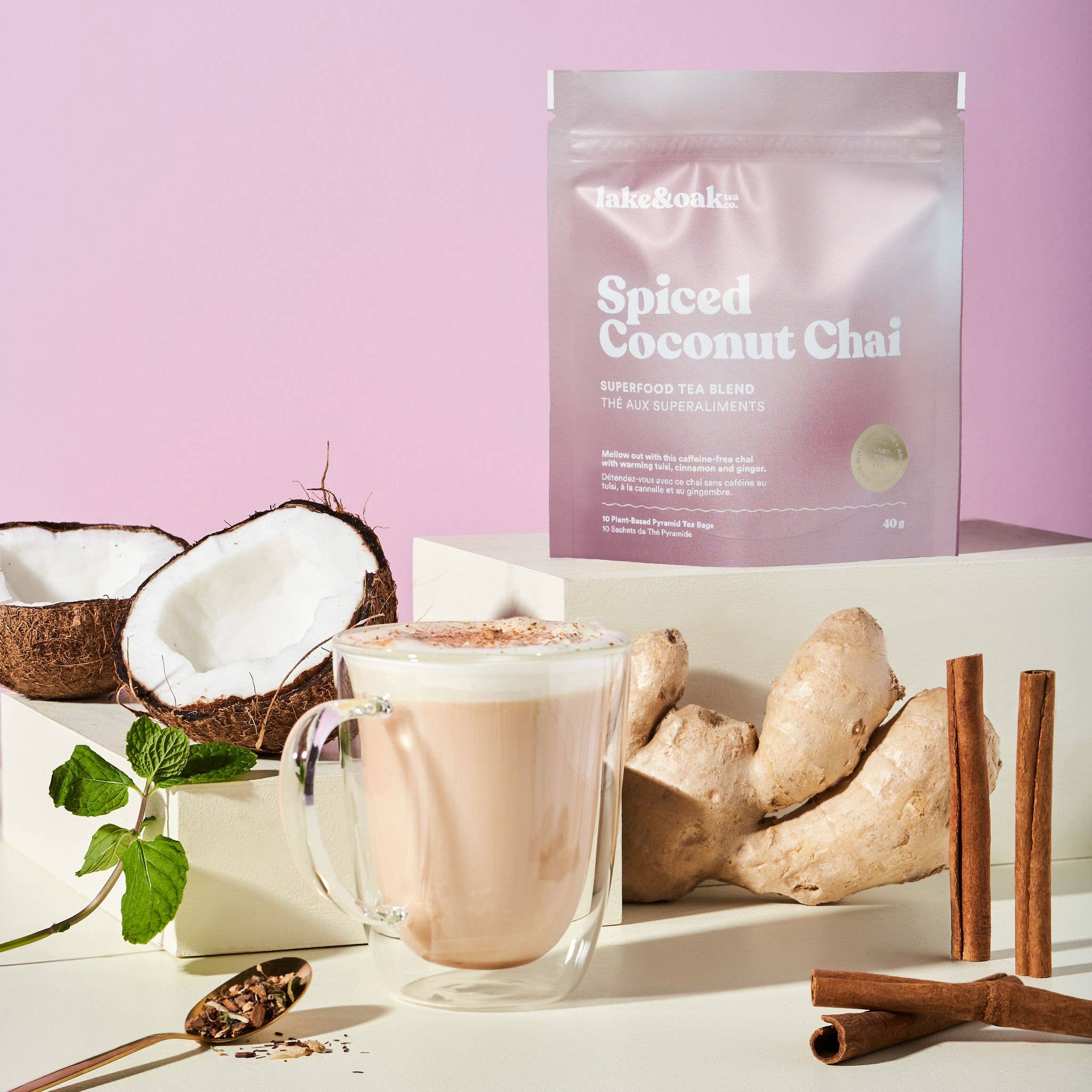 Lake & Oak Tea Co. - Spiced Coconut Chai - Superfood Tea Blend: Plant-Based Pyramid Tea Bags - Retail Pouch