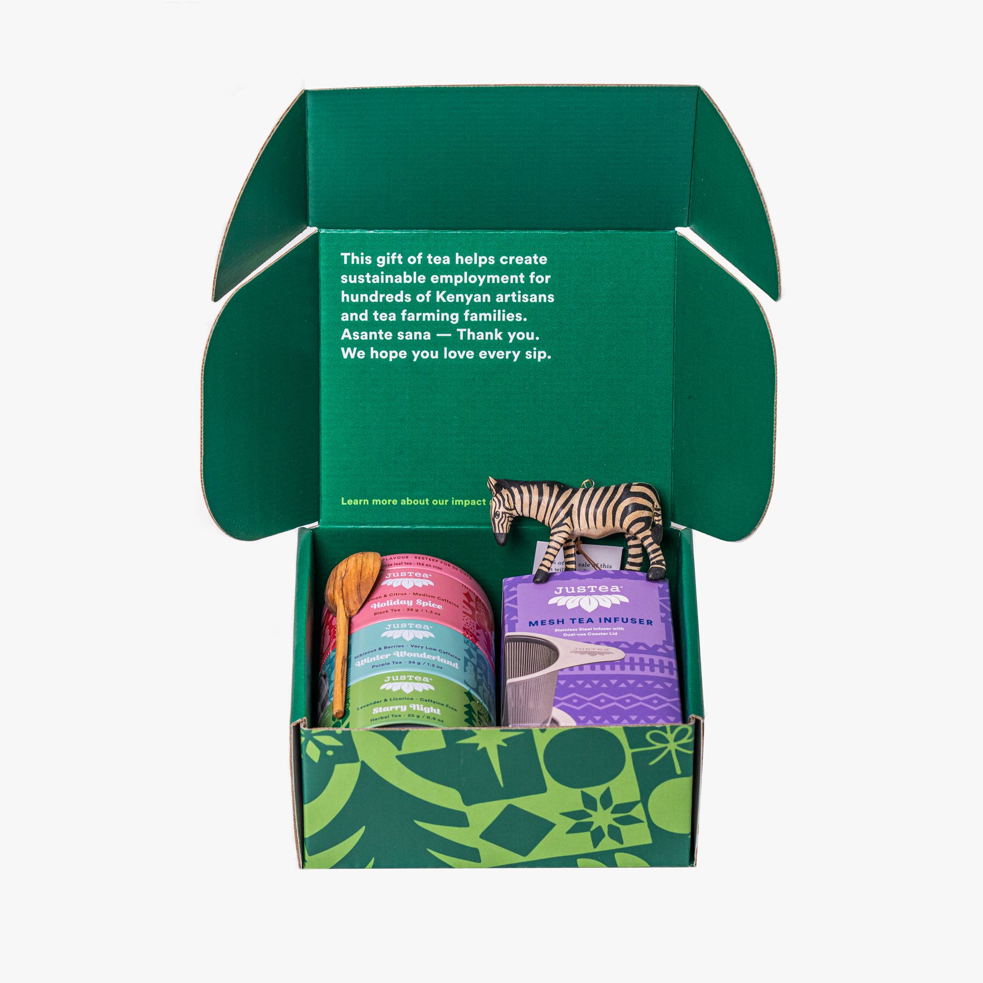 JusTea - Holiday Gift Box - Tea Tin, Zebra Ornament, Spoon, Infuser