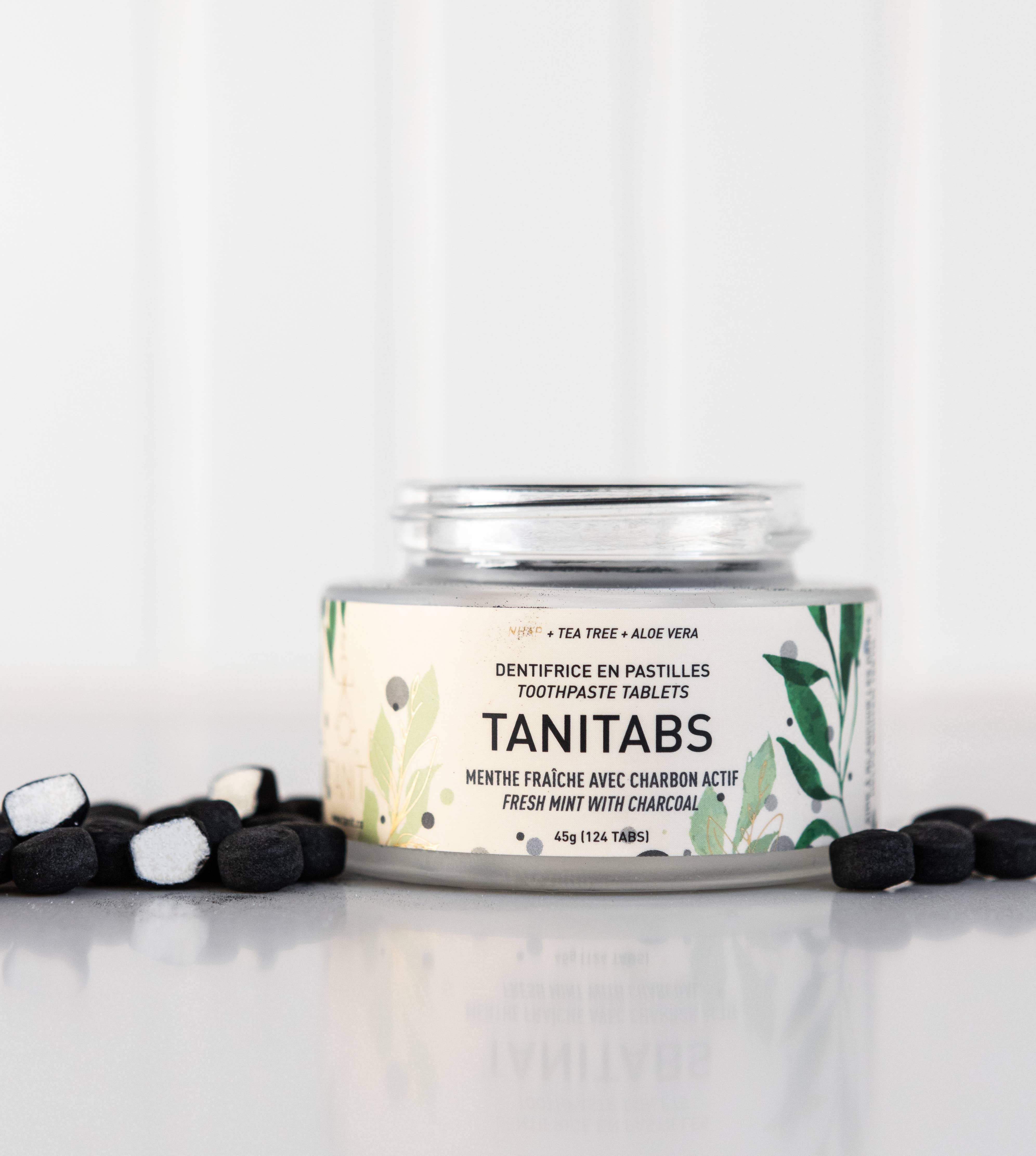 TANIT - Mint Charcoal Toothpaste Tablets - Reusable jar - 124 tabs: Reusable glas jar - 124 tabs