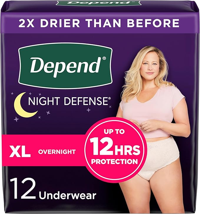 Depend Night Defense Adult Incontinence Underwear for Women, Disposable, Overnight, Extra-Large, Blush, 12 Count