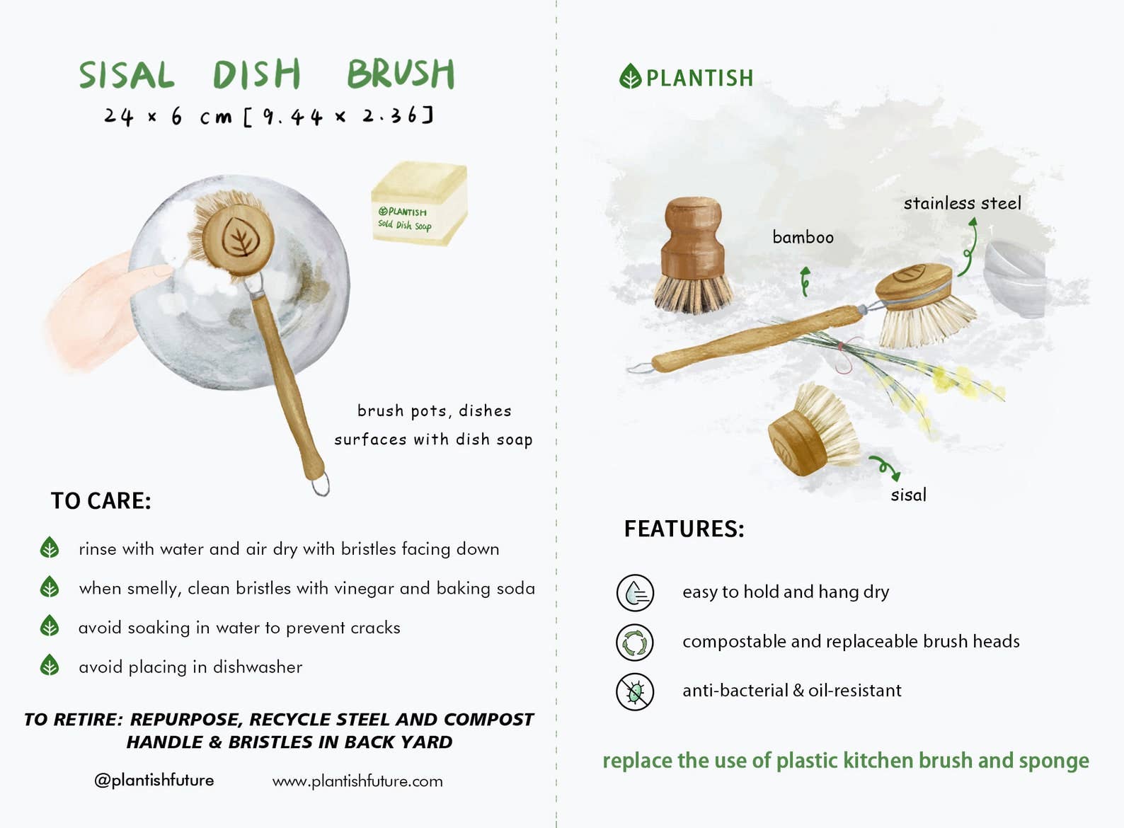 Plantish - Sisal Dish Brush Refill (Brush Head Only): 3 Refills / Bamboo
