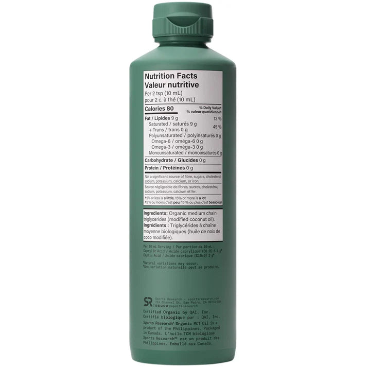 Sports Research Organic MCT Oil, Liquid, Pure Coconut-Derived Energy for Keto and Low-Carb Lifestyles (414 ml)