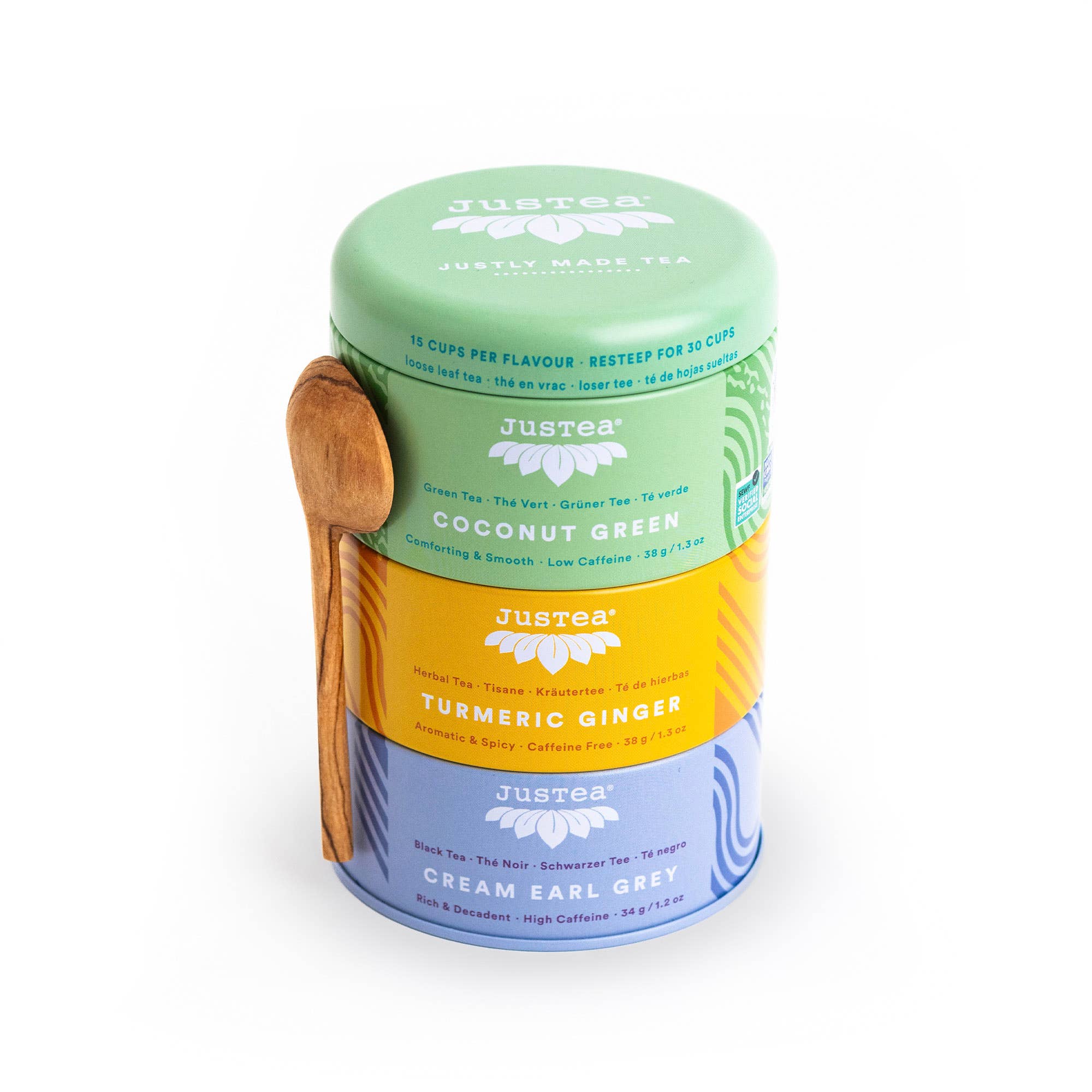 JusTea - Assorted Trio Tin & Spoon - Organic Black, Green, Herbal Tea