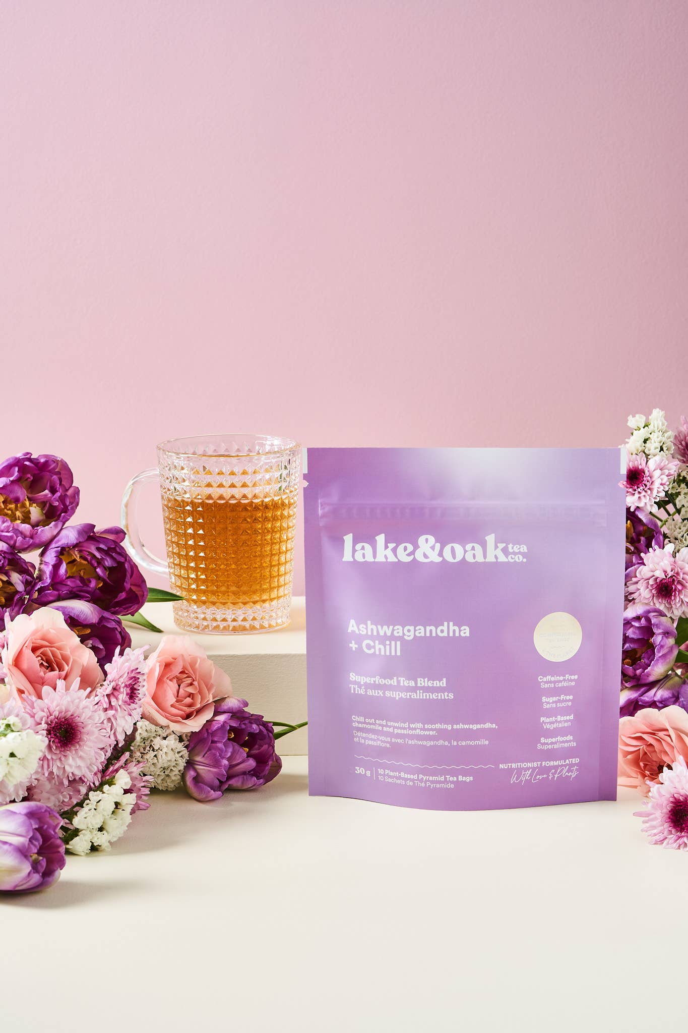 Lake & Oak Tea Co. - Ashwagandha + Chill - Superfood Tea Blend: Plant-Based Pyramid Tea Bags - Retail Pouch