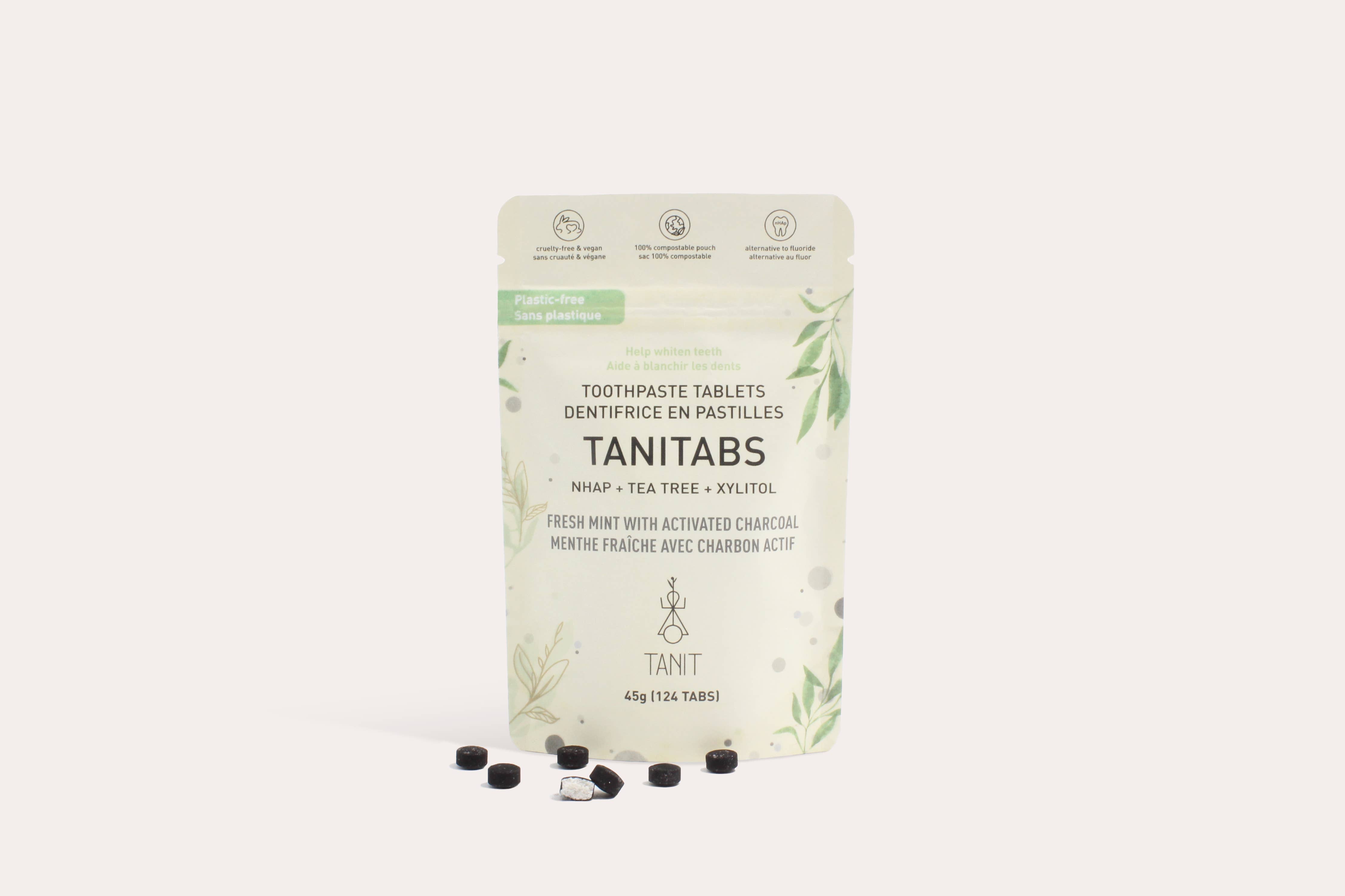 TANIT - Mint Charcoal Toothpaste Tablets - Reusable jar - 124 tabs: Reusable glas jar - 124 tabs