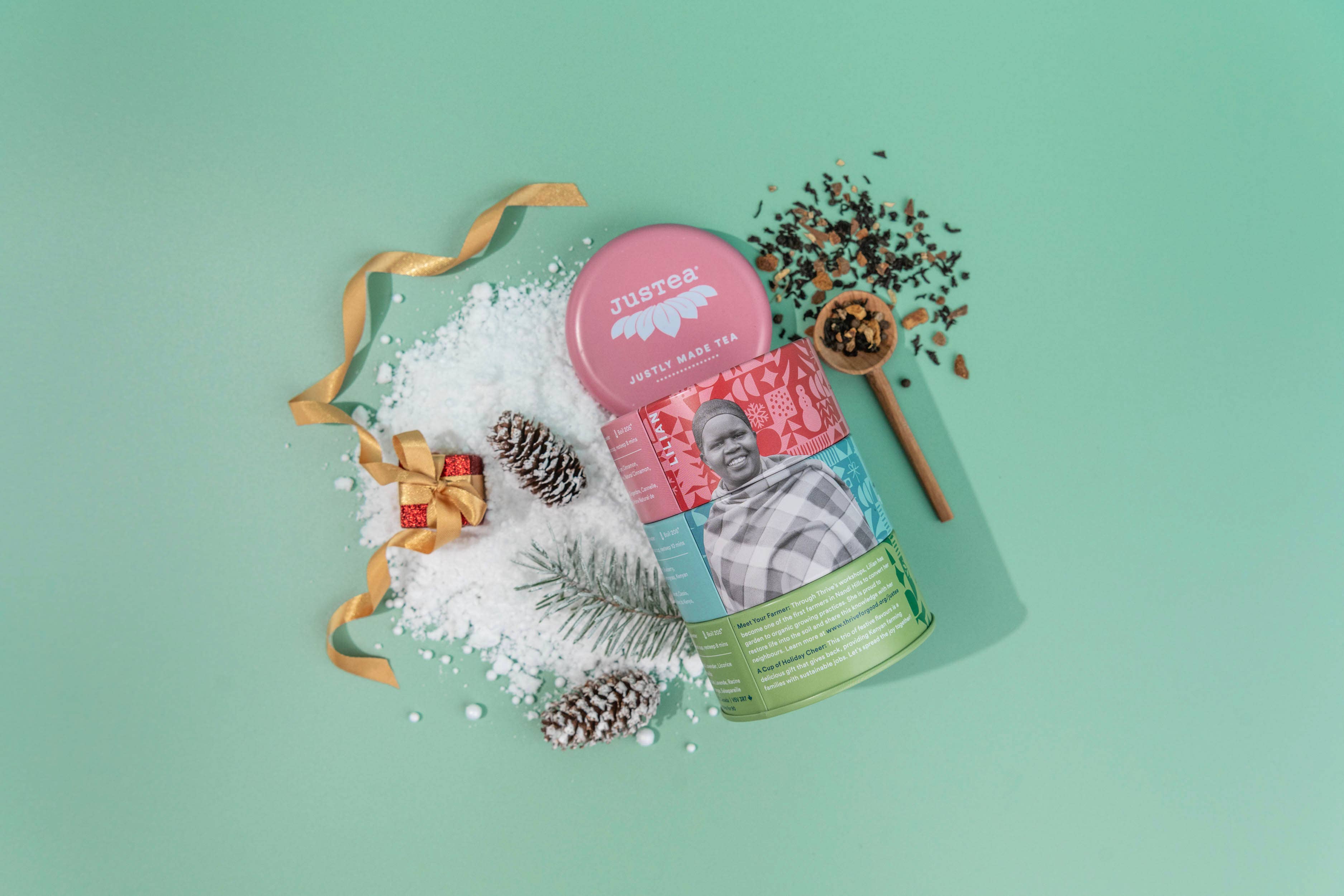 JusTea - Holiday Trio Tin & Spoon - Organic Black, Purple, Herbal Tea