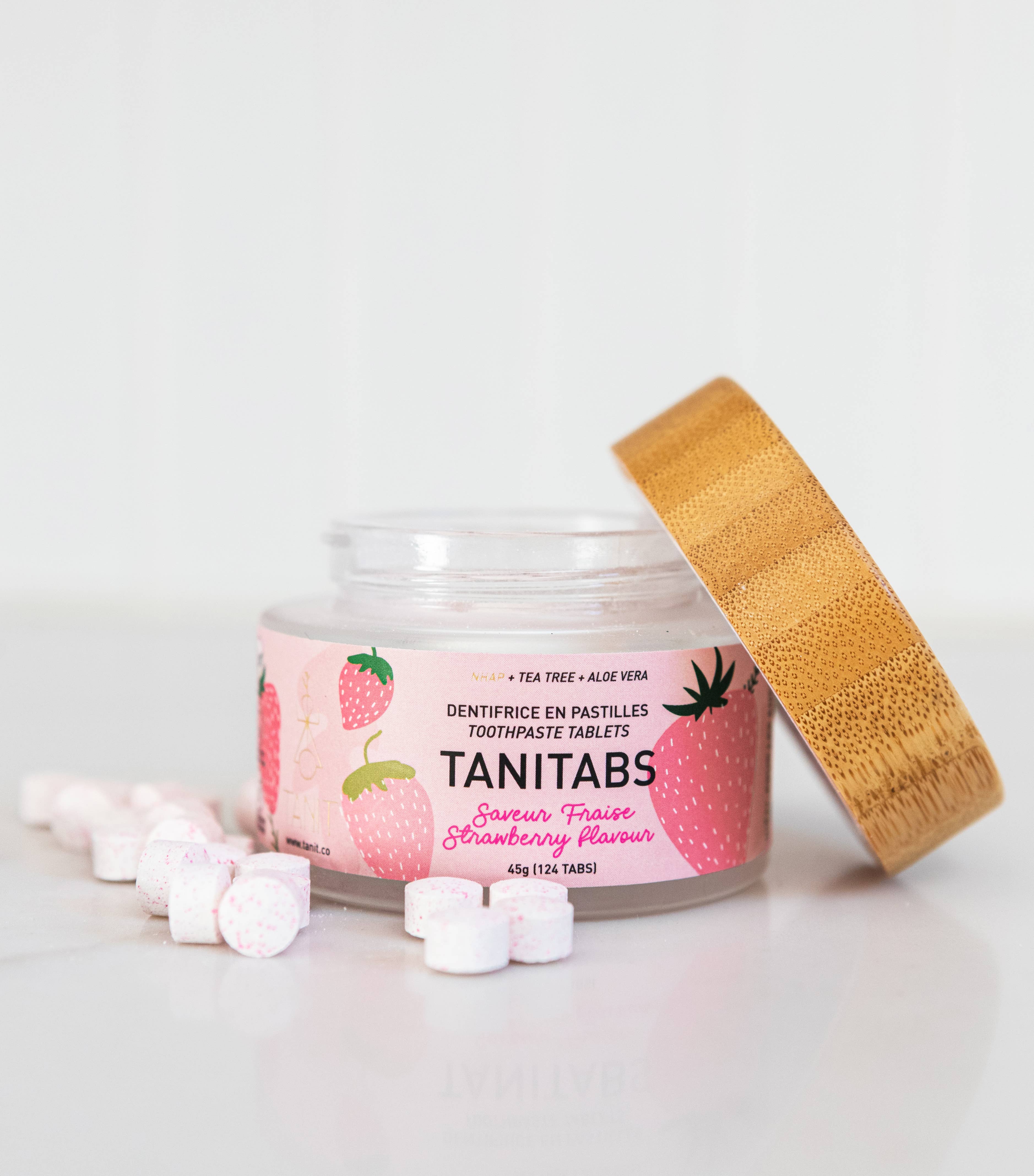 TANIT - Strawberry Toothpaste Tablets - Reusable jar - 124 tablets: Reusable glass jar - 124 tabs