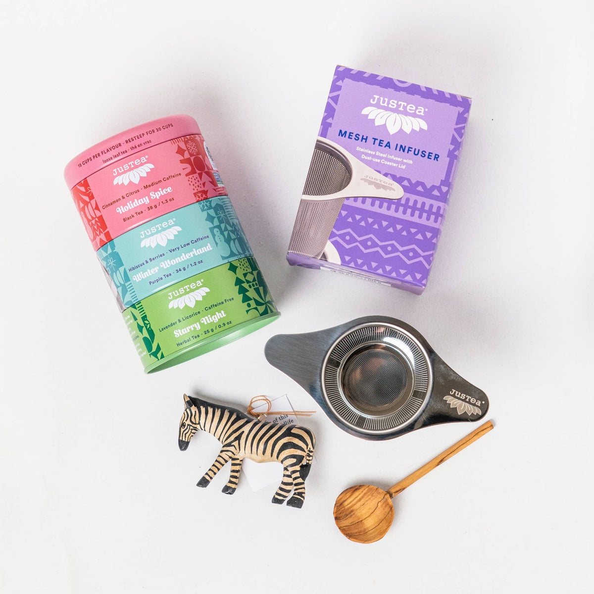 JusTea - Holiday Gift Box - Tea Tin, Zebra Ornament, Spoon, Infuser