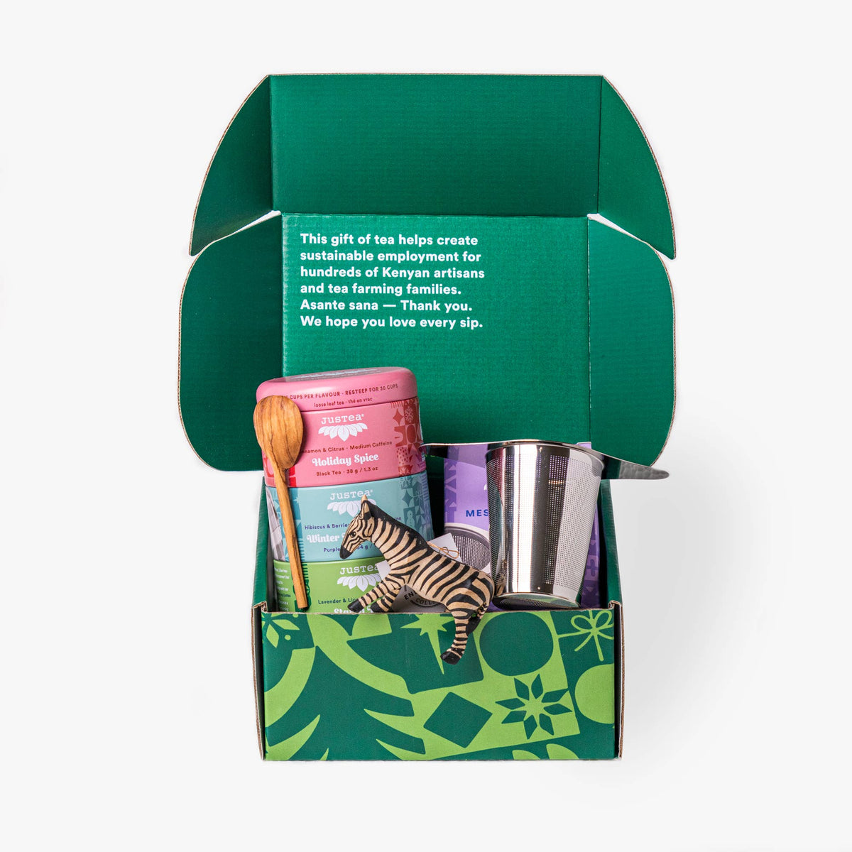 JusTea - Holiday Gift Box - Tea Tin, Zebra Ornament, Spoon, Infuser