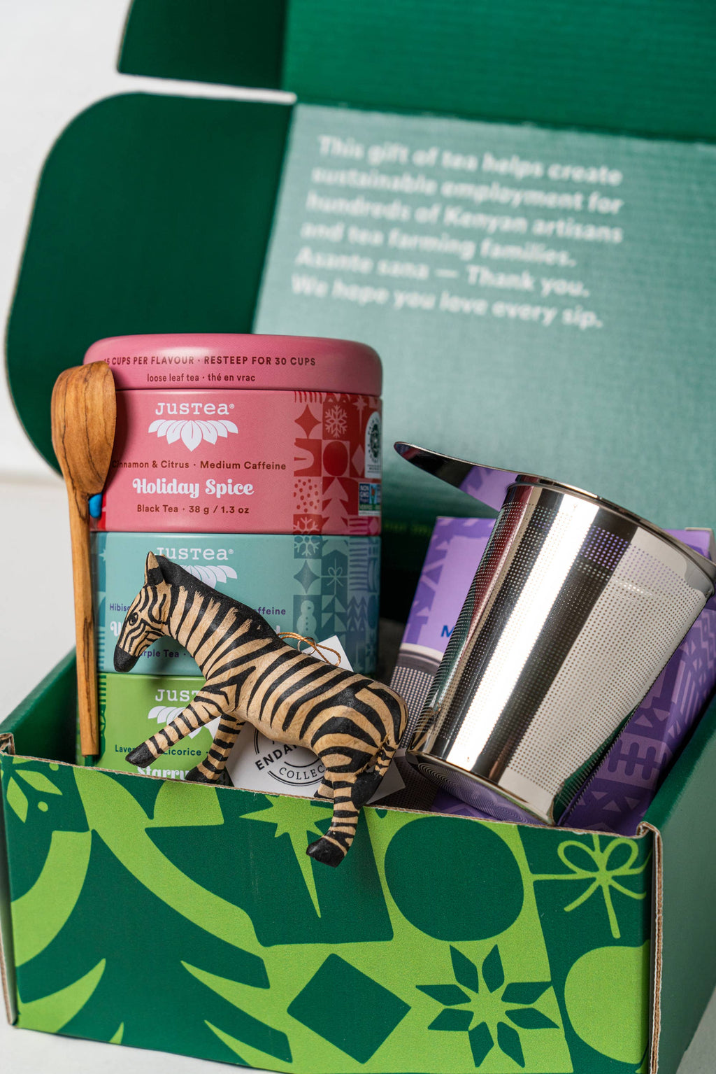 JusTea - Holiday Gift Box - Tea Tin, Zebra Ornament, Spoon, Infuser
