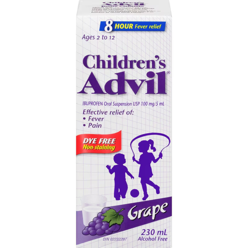 Children's Advil - Fever and Pain Relief Ibuprofen Oral Suspension, Dye Free, Grape, 230 mL