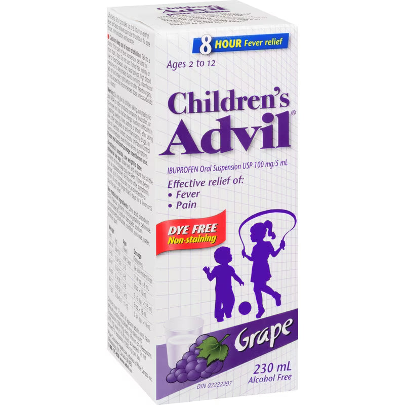 Children's Advil - Fever and Pain Relief Ibuprofen Oral Suspension, Dye Free, Grape, 230 mL